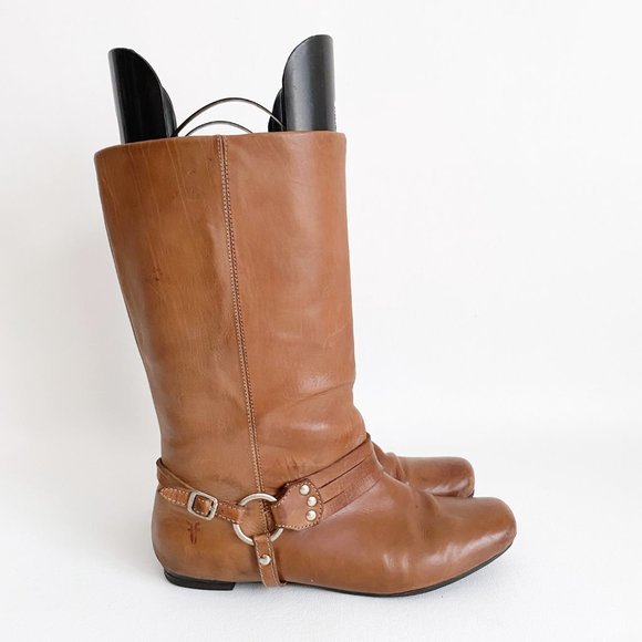 Frye Shoes - Frye - Annie Brown Slouch Harness Leather Flat Boot Booties - Size 6.5